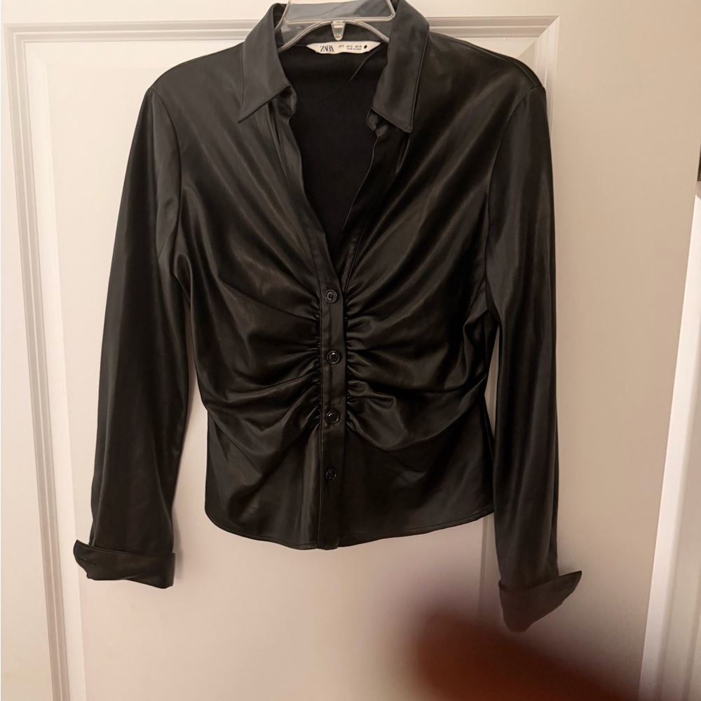 Zara Black faux leather Ruched Blouse